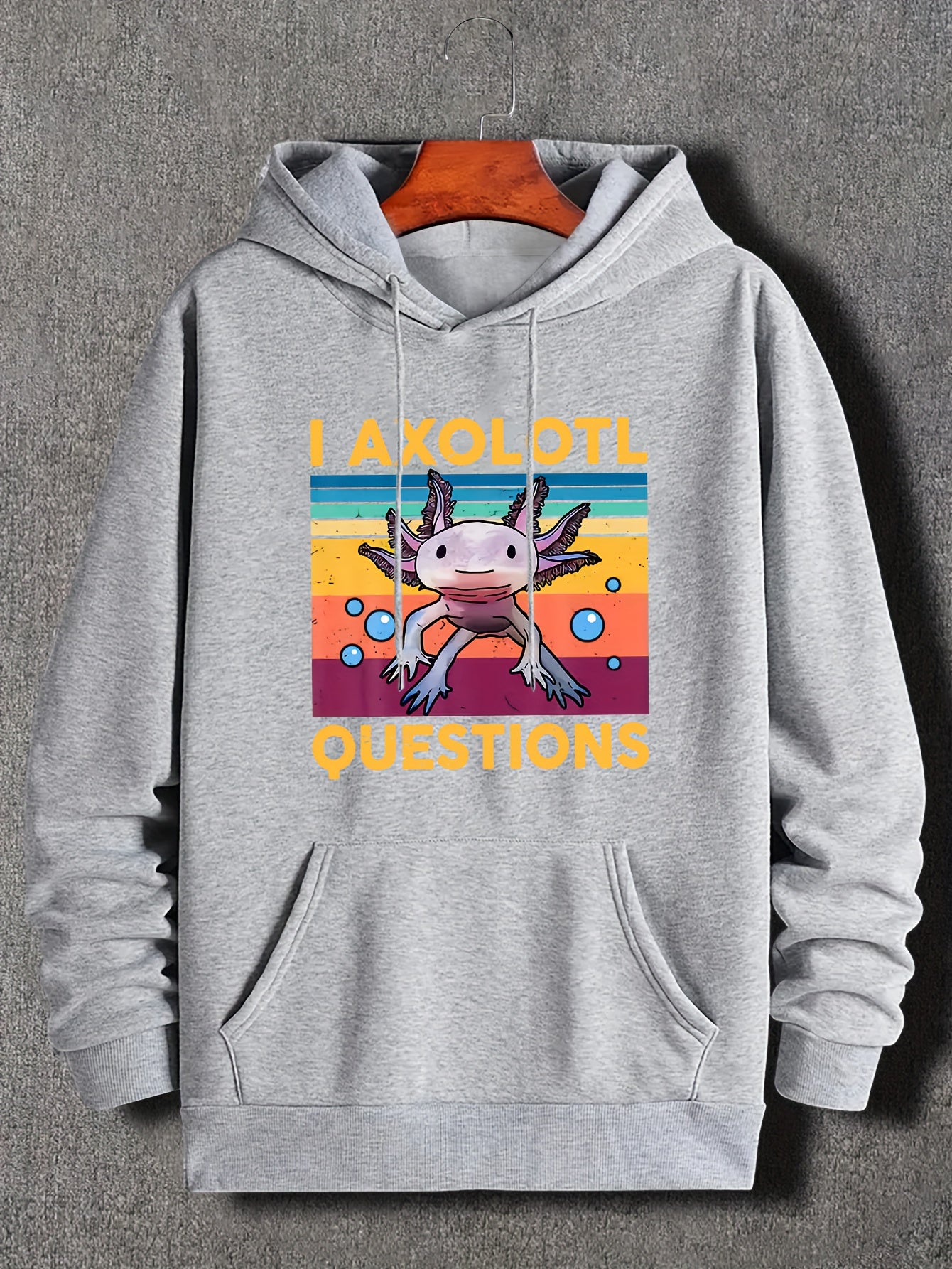 Cartoon Axolotl Print Hoodie, Cool Hoodies For Men, Men's Casual Graphic Design Pullover Hooded Sweatshirt With Kangaroo Pocket Streetwear For Winter Fall, As Gifts