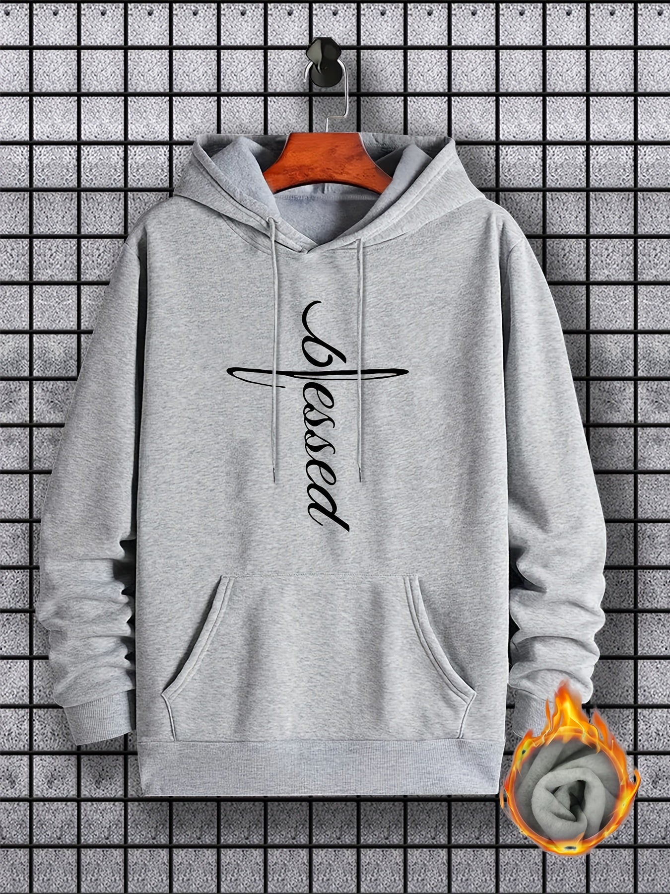 Blessed Print Hoodie, Cool Hoodies For Men, Men's Casual Graphic Design Pullover Hooded Sweatshirt With Kangaroo Pocket Streetwear For Winter Fall, As Gifts