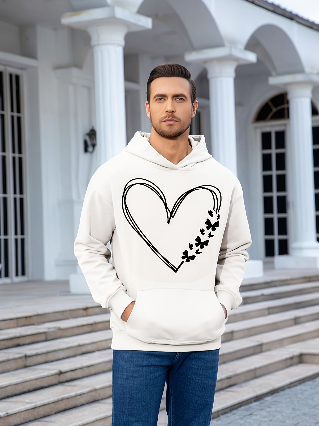 Hearts Print Men's Pullover Round Neck Long Sleeve HOODED Sweatshirt Pattern Loose Casual Top For Autumn Winter Men's Clothing As Gifts