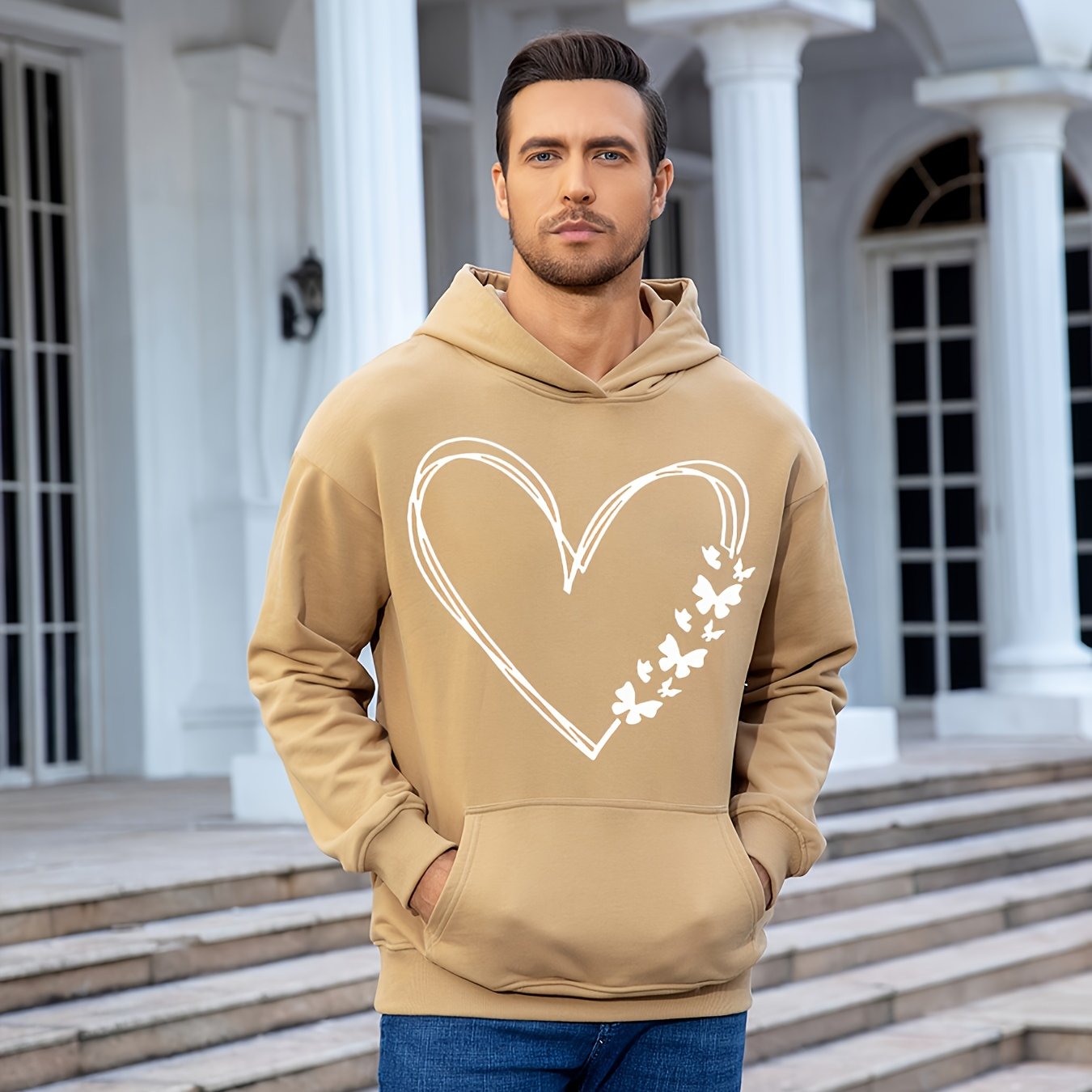 Hearts Print Men's Pullover Round Neck Long Sleeve HOODED Sweatshirt Pattern Loose Casual Top For Autumn Winter Men's Clothing As Gifts